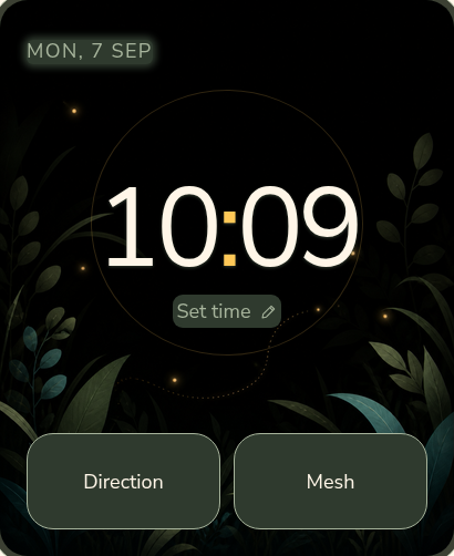 Atta-dipa clock interface: 10:09 above an illustrated night meadow.